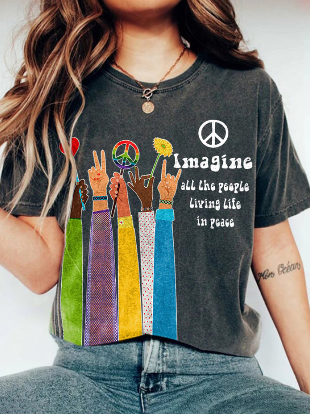 Retro Hippie Imagine All The People Living Life In Peace Print Shirt