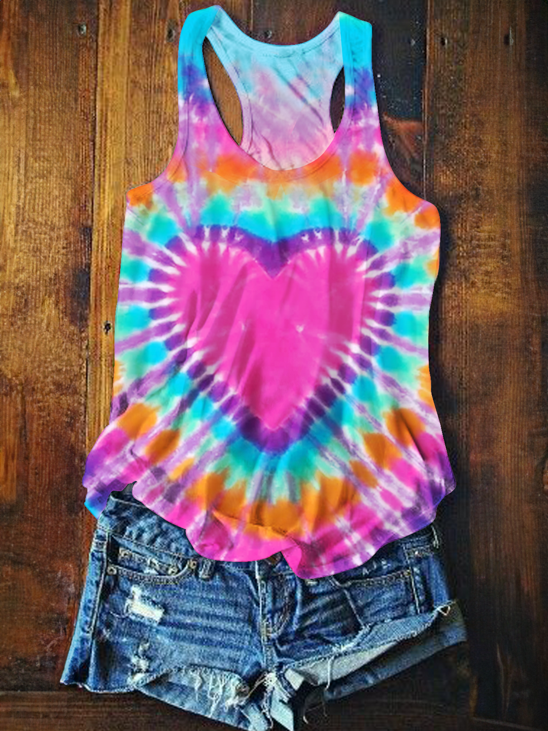Colorful Heart Tie-dye Hippie Art Printed Casual Tank Top