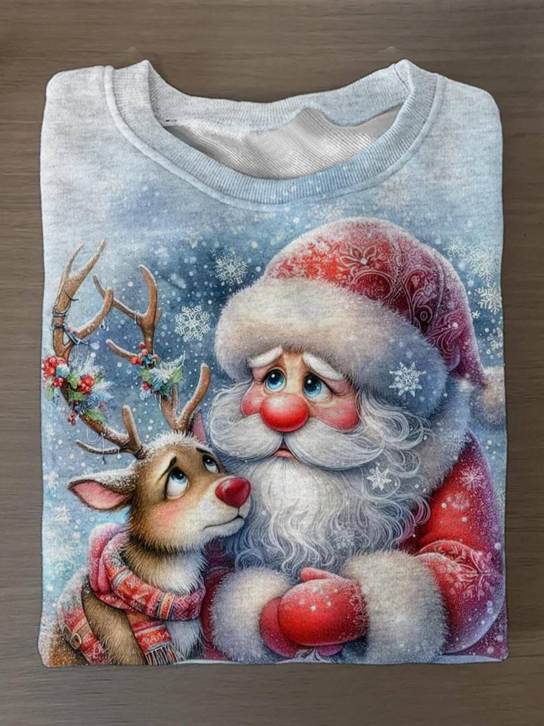 Santa Claus And Elk Printed Long Sleeve Casual Top
