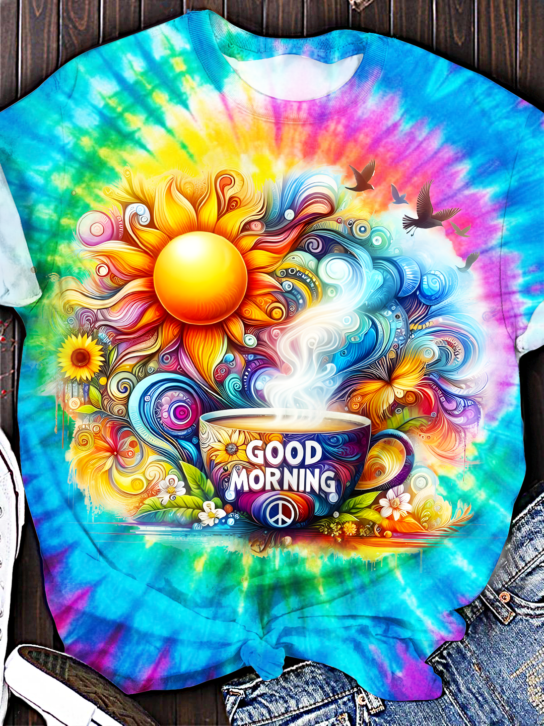Good Morning Tie Dye Hippie Art Crew Neck T-shirt