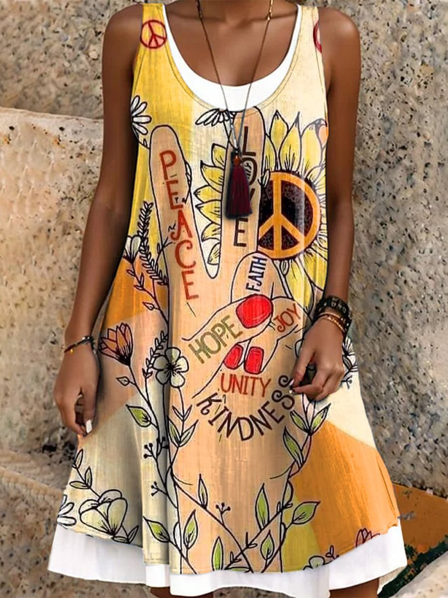 Retro Hippie Peace Hand Ladies False Two Dress