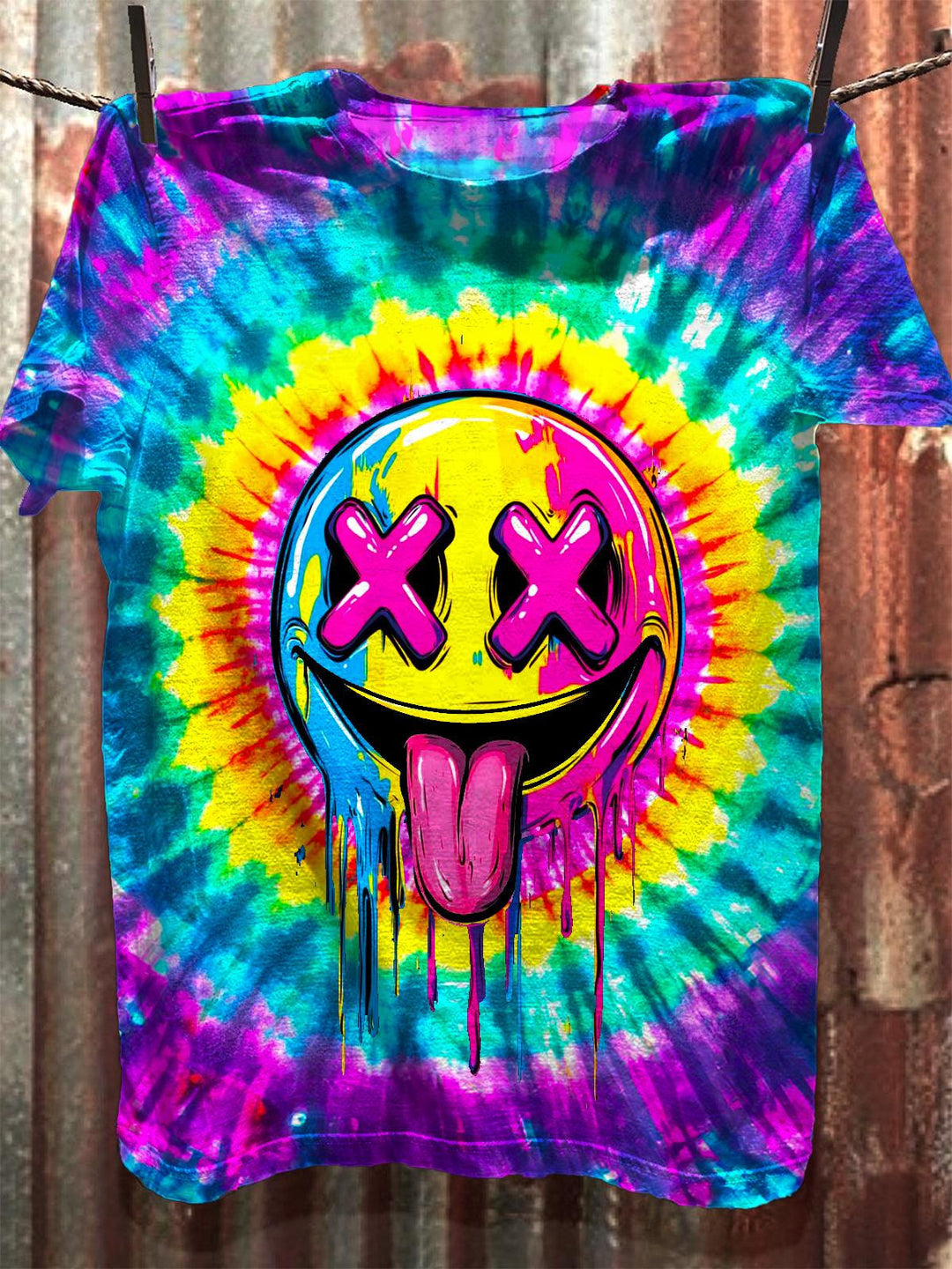 Hippie Tie-Dye Smiley Face Printed Crew Neck T-shirt