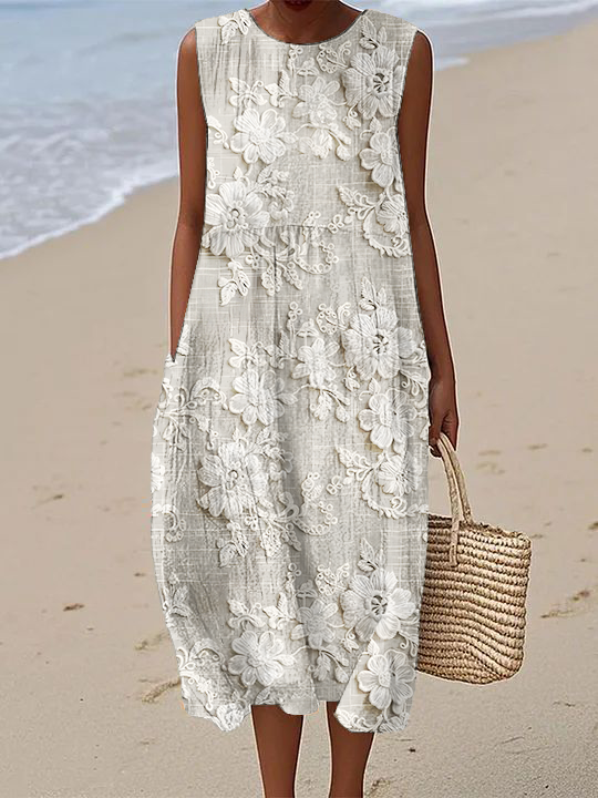 Classic Retro Floral Print Crinkled Sleeveless Dress