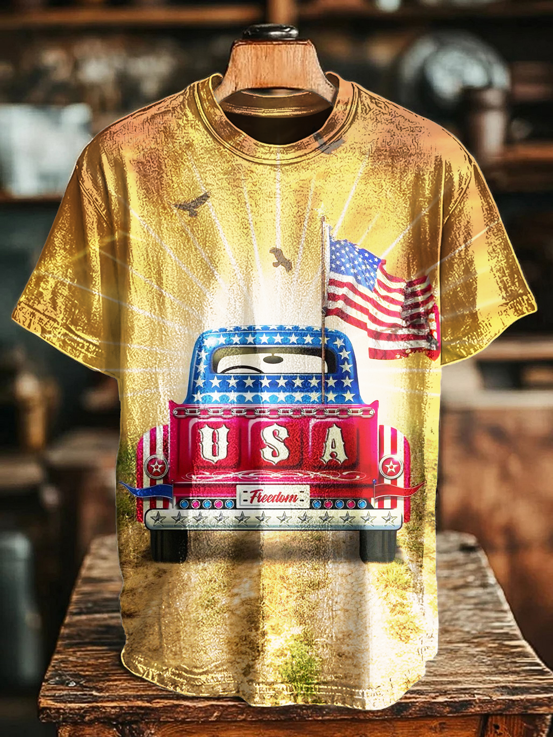 USA American Flag Jeep Crew Neck T-shirt