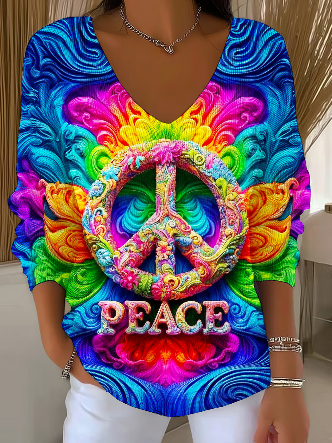 Colorful Tie-dye Hippie Peace Sign Casual V Neck Pullover Sweater