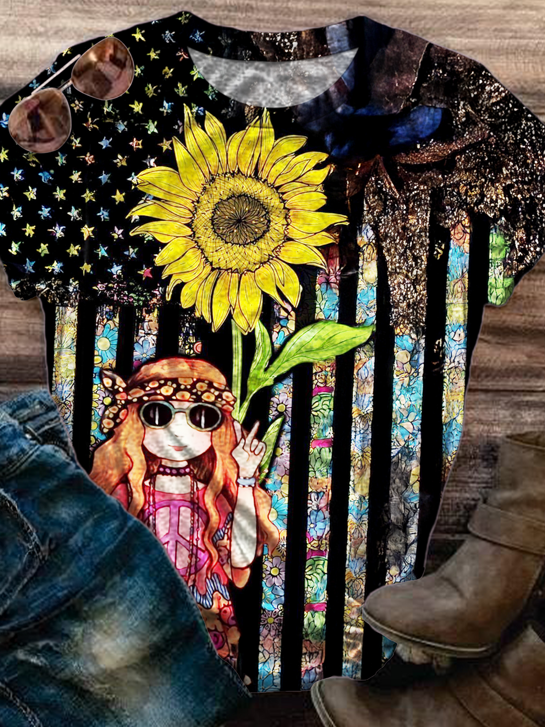 Hippie Love and Peace Sunflower Art Crew Neck T-shirt