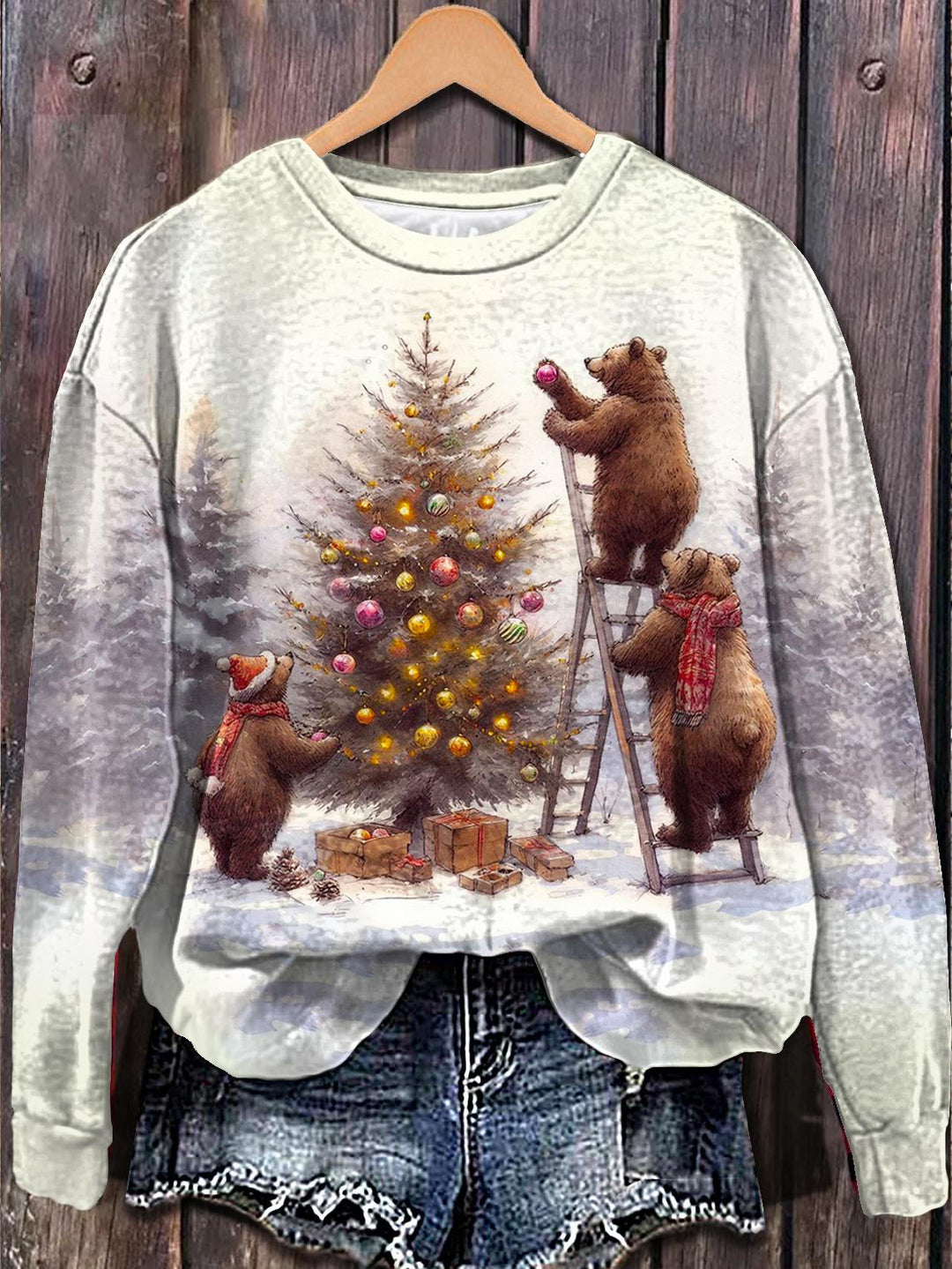 Winter Christmas Brown Bear Printed Long Sleeve Casual Top