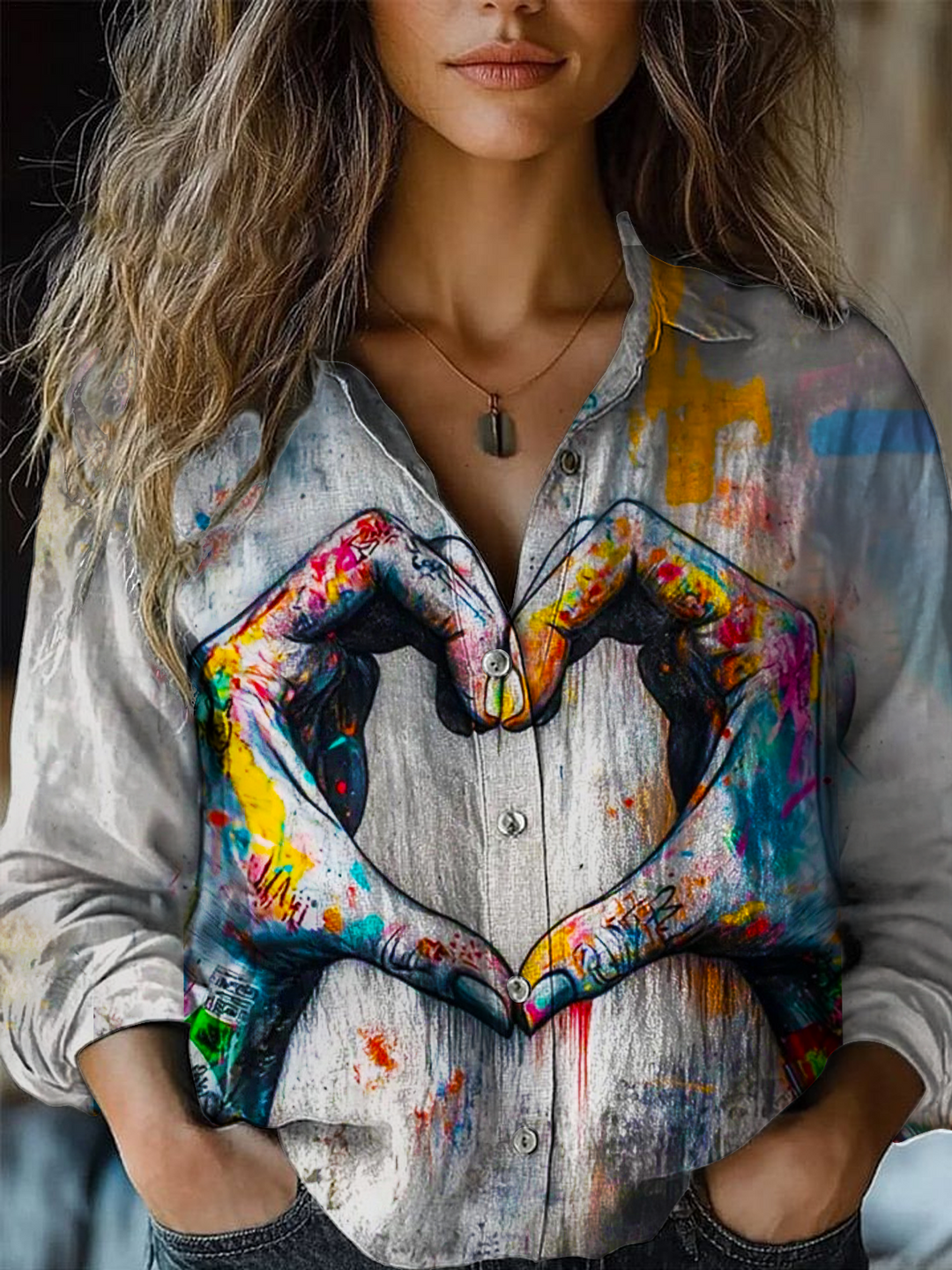 Women's Vintage Hippie Love and Peace Art Printed Casual Shirt