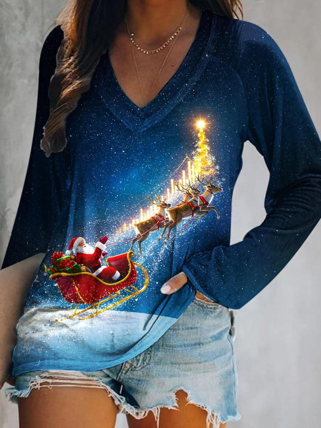 Santa Claus Print V-Neck Long Sleeve Top