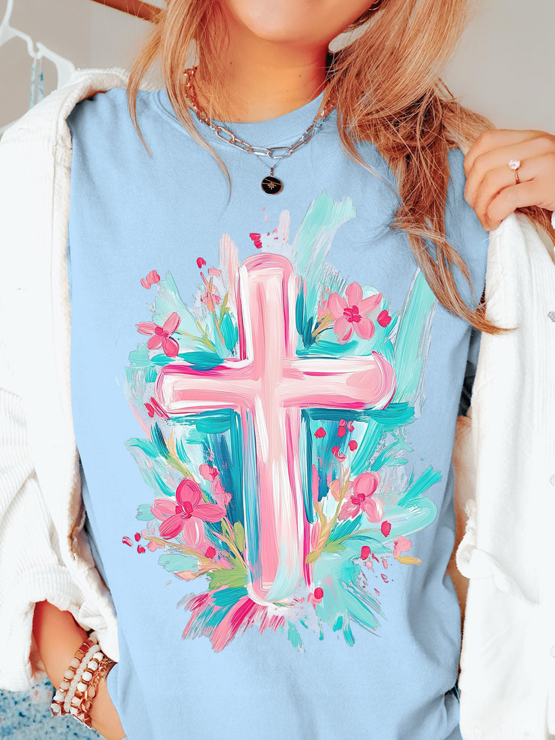 Easter Cross Christian Spring Floral Crew Neck T-shirt