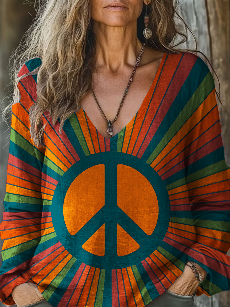 Retro Hippie Peace V-neck Long Sleeve Top