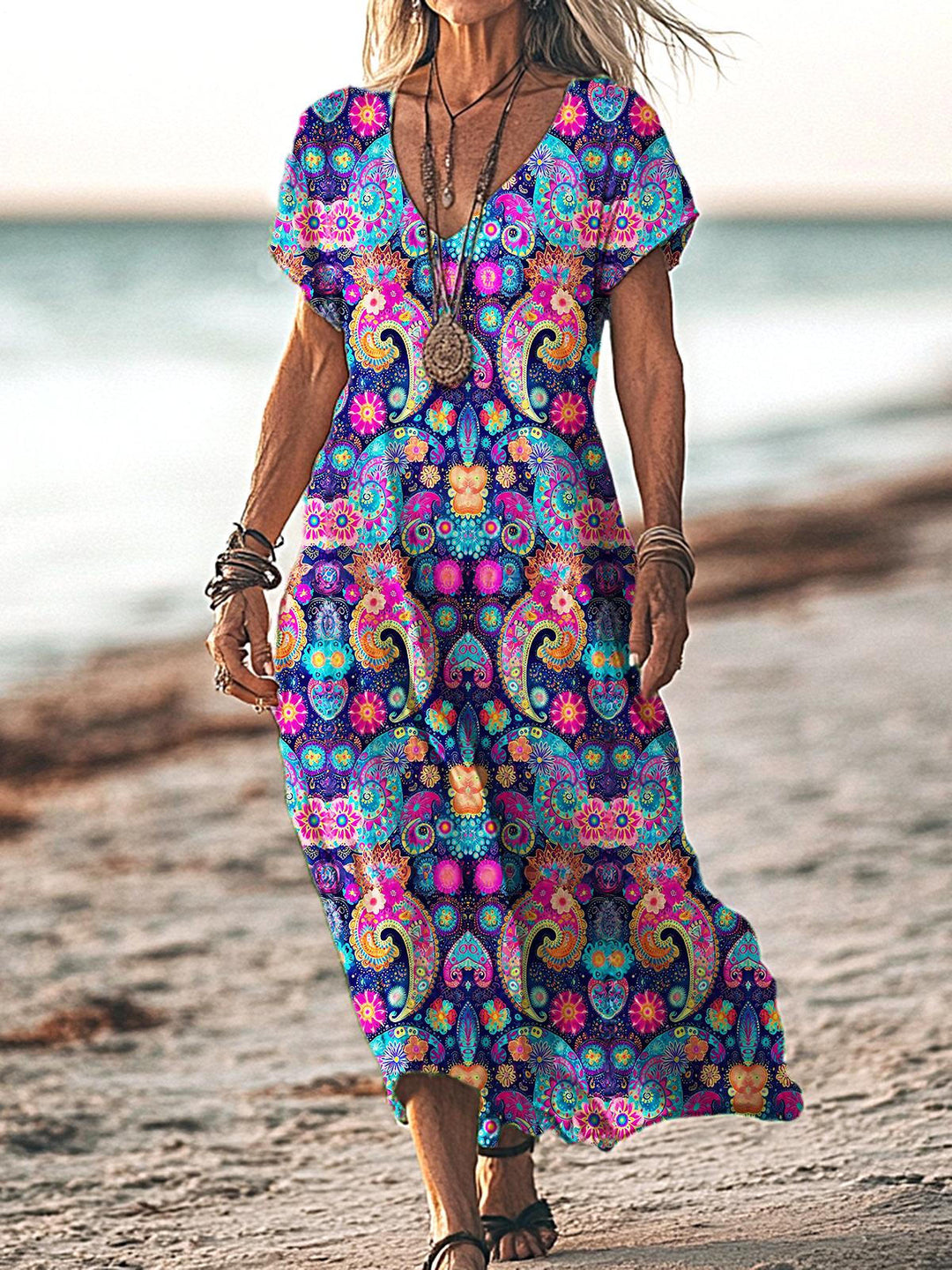 Retro Hippie Floral V-neck Short Sleeved Long Dress