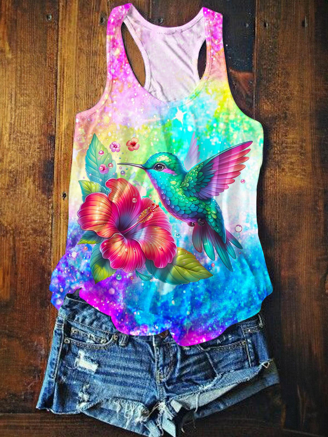 Colorful Flower Hummingbird Printed Casual Tank Top