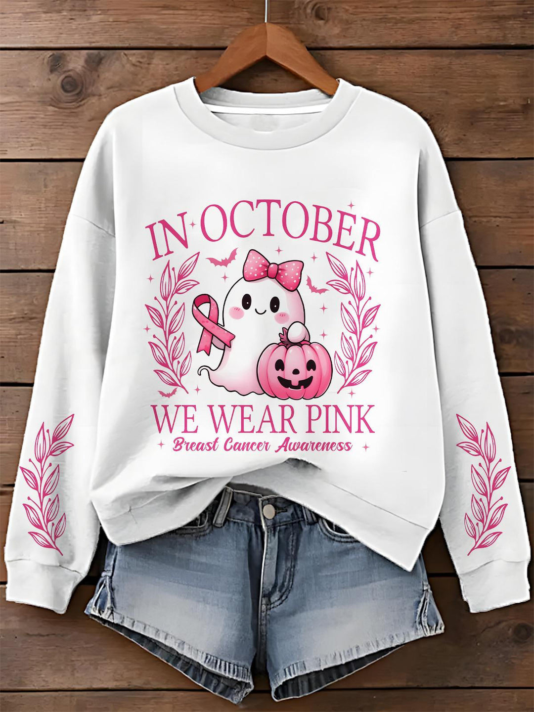 Breast Cancer Consciousness Ghost Print Long Sleeve Casual Top