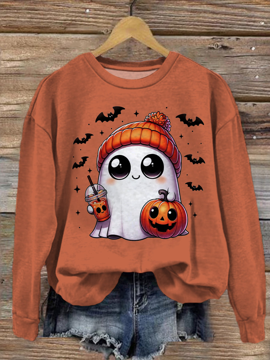 Women's Cute Ghost Coffee Halloween Long Sleeve Top