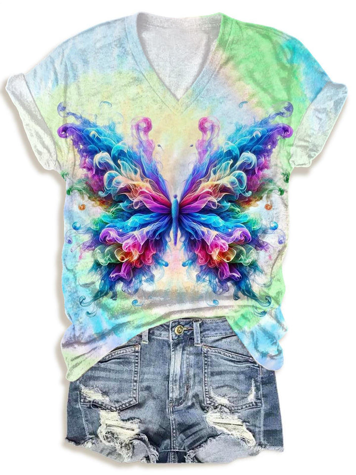 Spring Tie Dye Butterfly V-neck T-Shirt