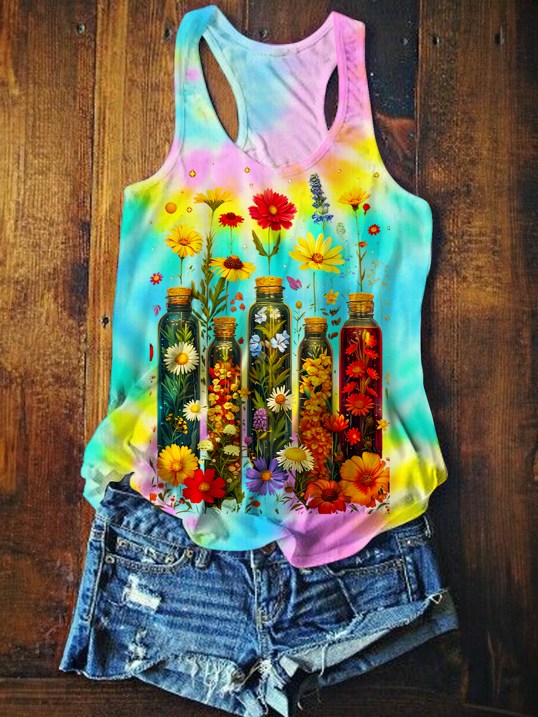 Tie-Dye Hippie Wildflower Art Printed Casual Tank Top