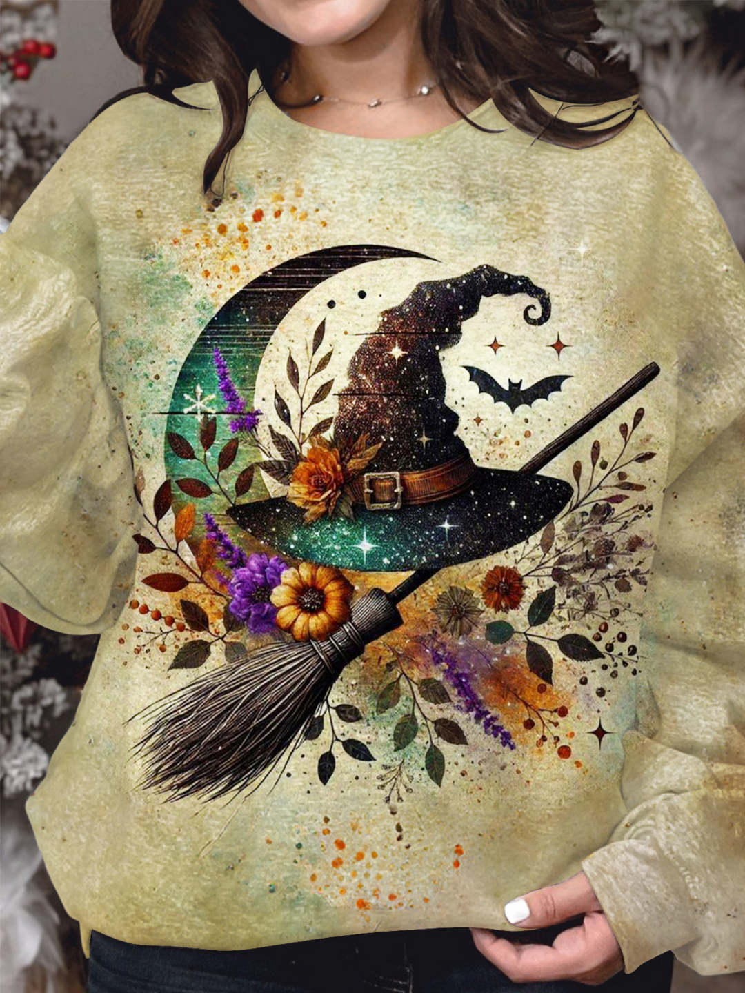 Halloween Witch Magic Broom Printed Long Sleeve Casual Top
