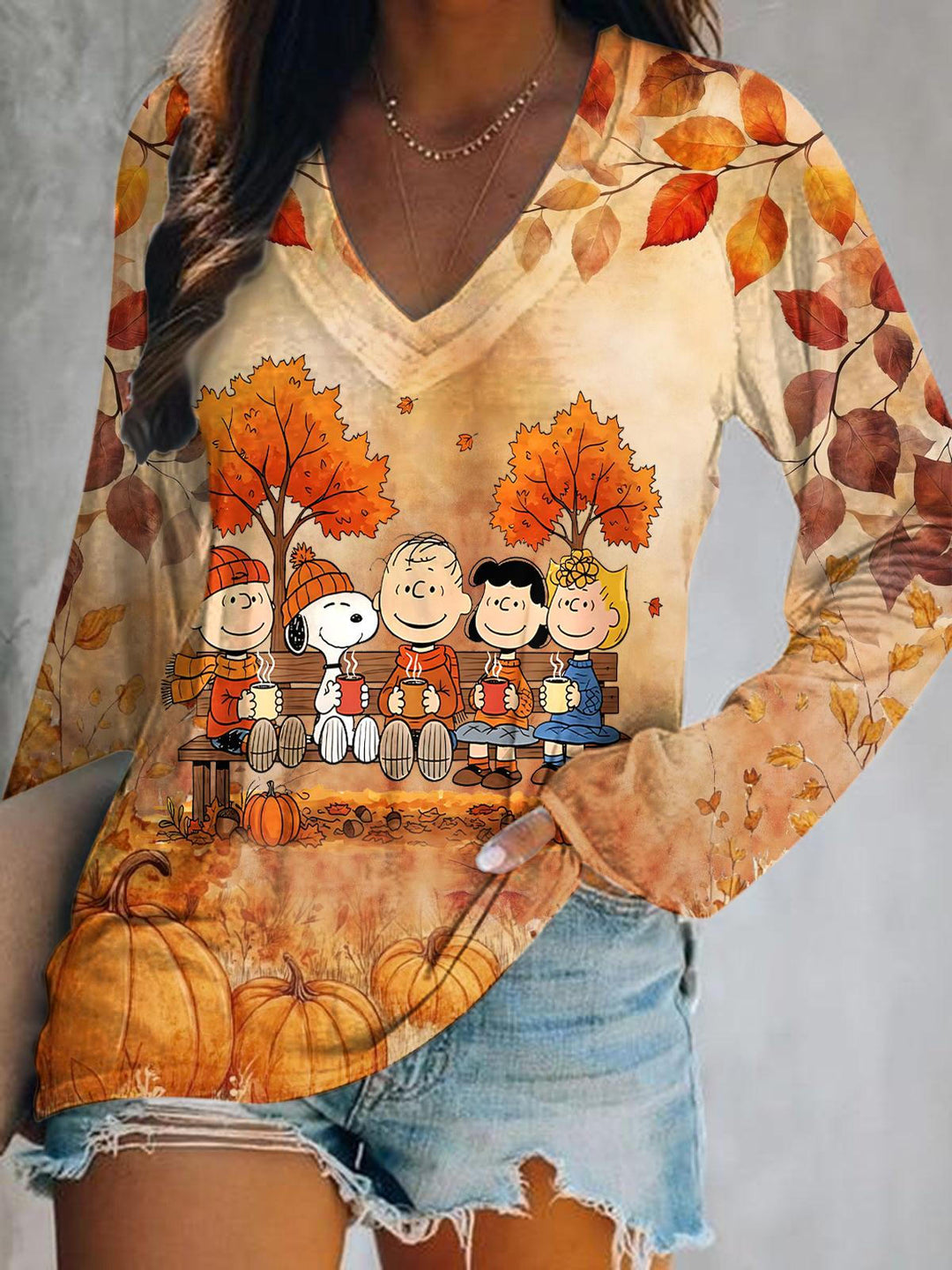 Maple Leaf Snoopy Print V-Neck Long Sleeve Top