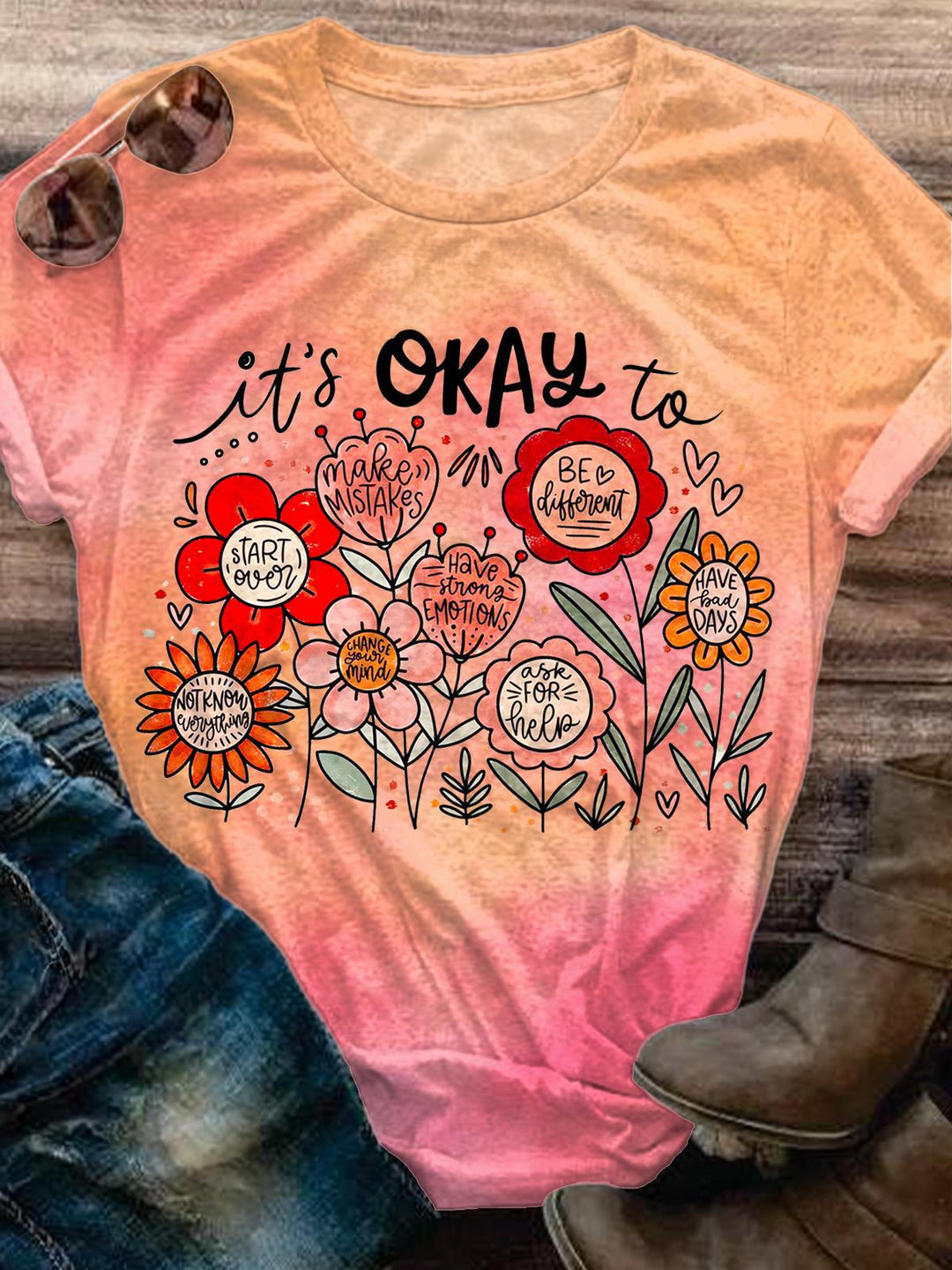 Retro Bohemian Floral Printed Crew Neck T-shirt