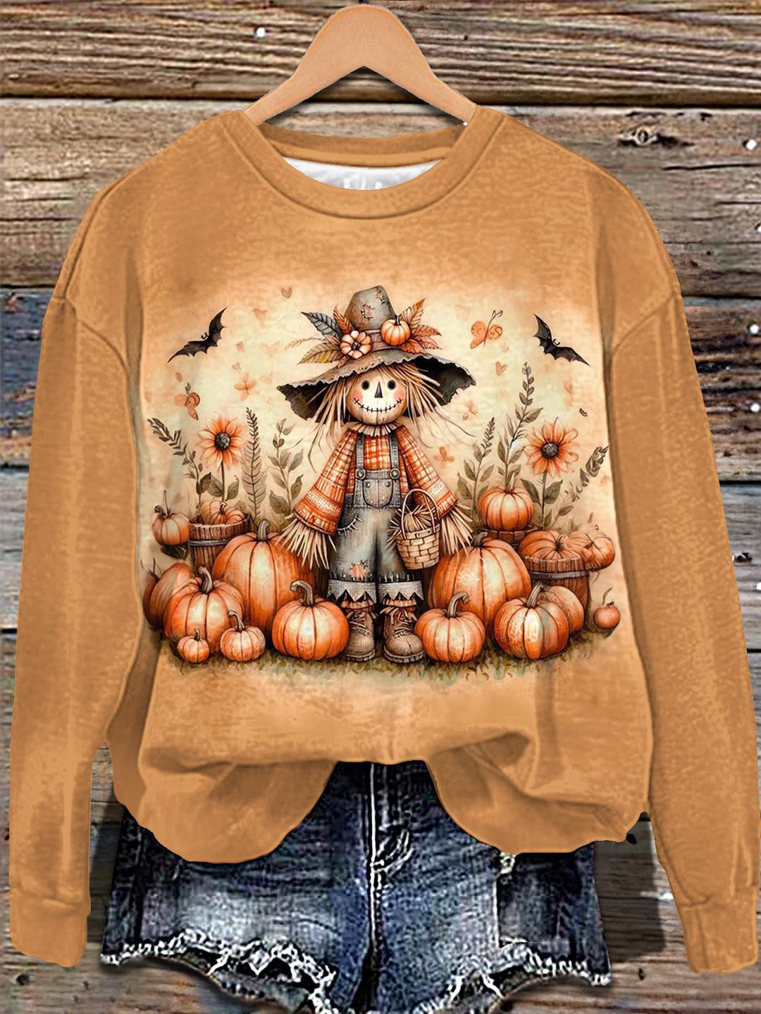 Fall Pumpkin Scarecrow Printed Long Sleeve Casual Top