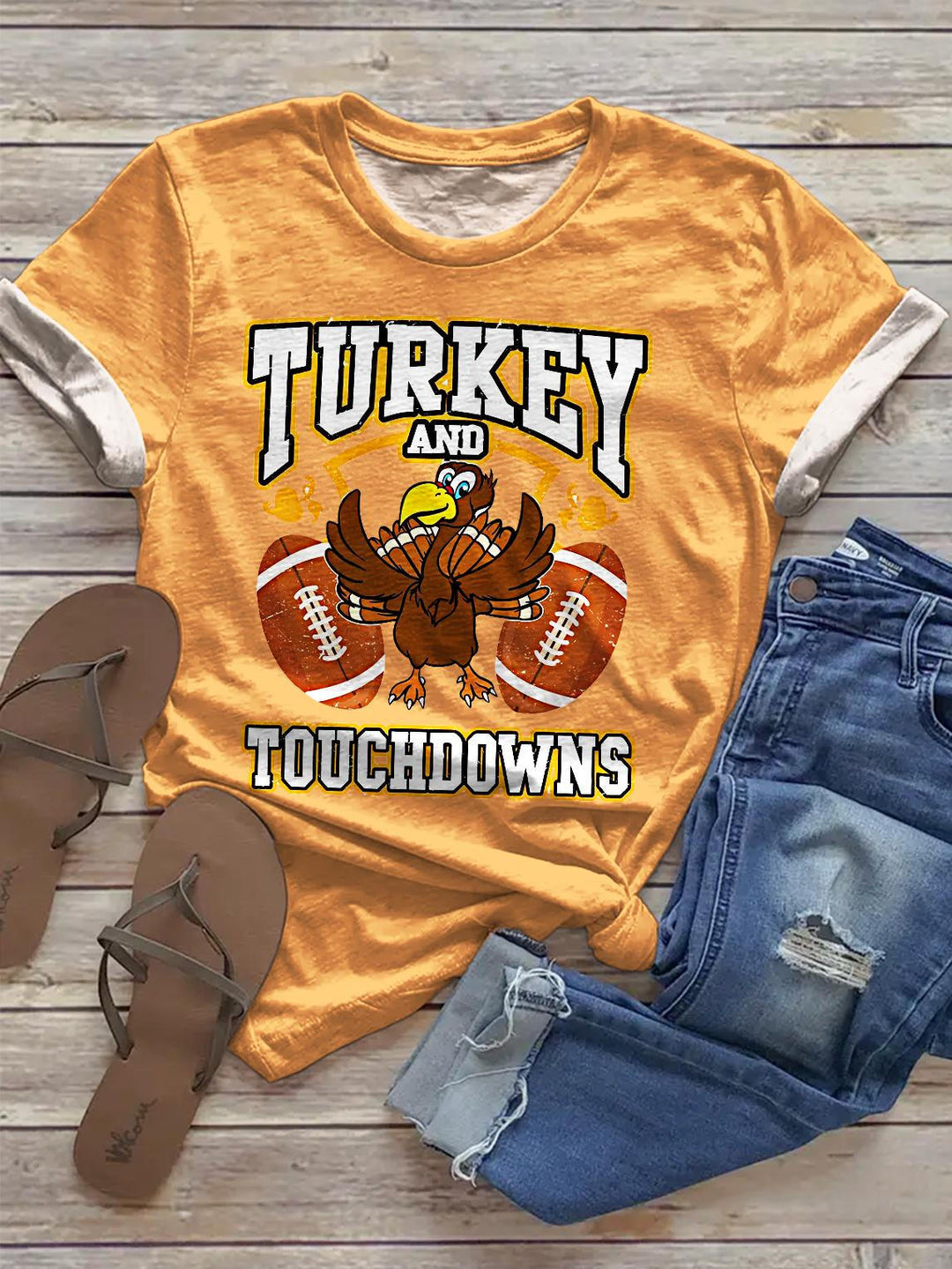 Women's Turkey And Touchdowns Football Crew Neck T-shirt