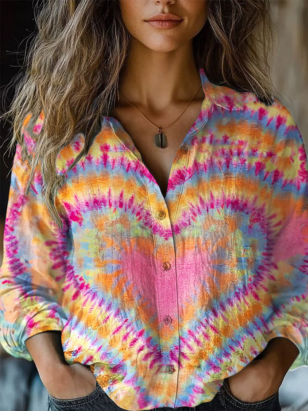 Vintage Heart Tie Dye Hippie Love Women's Printed Casual Shirt