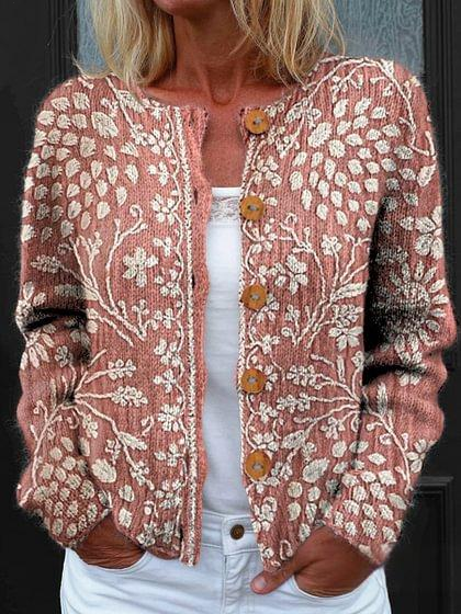Retro Ethnic Totem Art Women's Round Neck Long Sleeve Cardigan