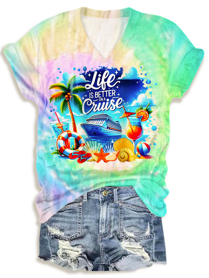 Life Is Better on A Cruise Tie Dye Print Crew Neck T-shirt