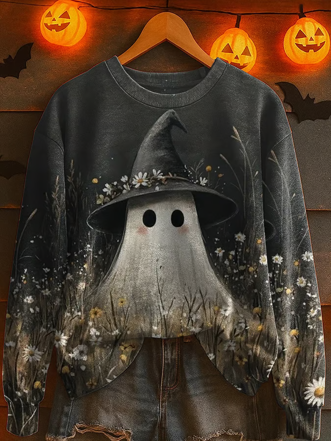 Ghost Witch Art Printed Long Sleeve Casual Top