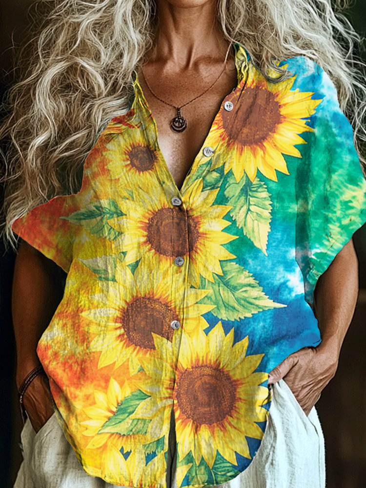 Colorful Sunflower Hippie Art Lapel Short Sleeve Shirt
