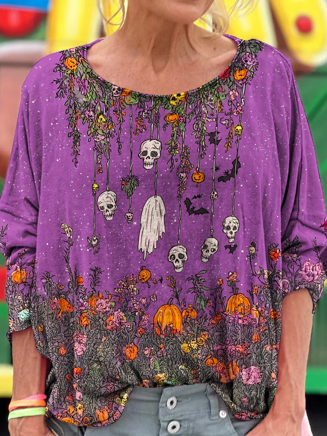 All Souls Pumpkin Skull Art Dropped Shoulders Long Sleeves T-shirt