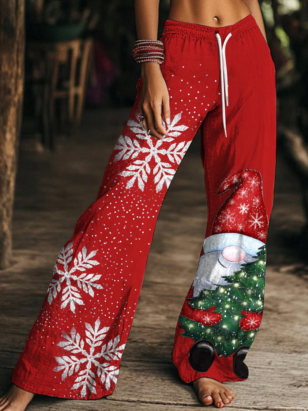 Women's Christmas Gnome Snowflake Print Drawstring Wide-Leg Pants