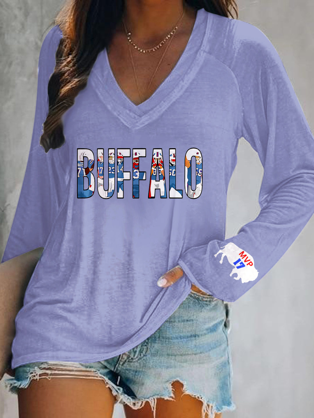 Buffalo Bills Print V-Neck Long Sleeve Top