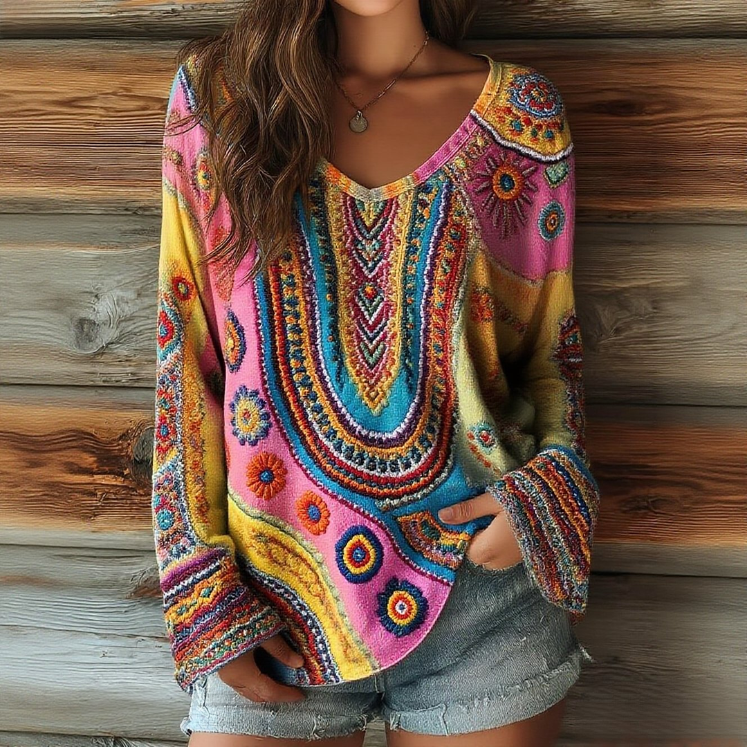 Patchwork Floral Pattern Artistic V-neck Long Sleeve Top
