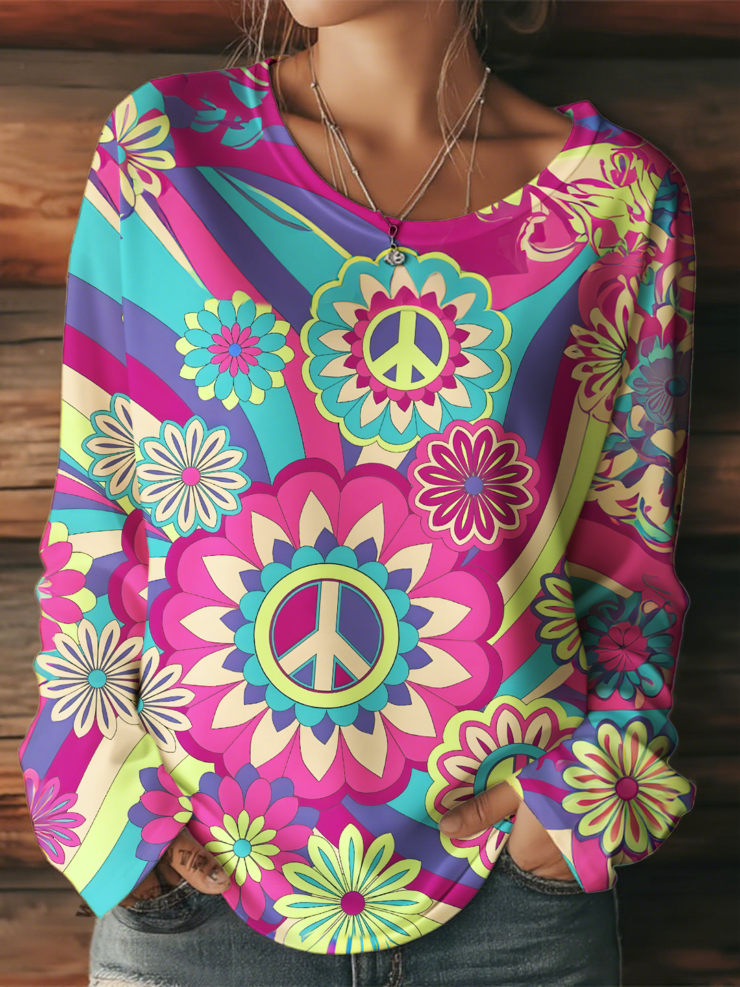 Women's Groovy Psychedelic Flower Power Round Neck Long Sleeve T-shirt