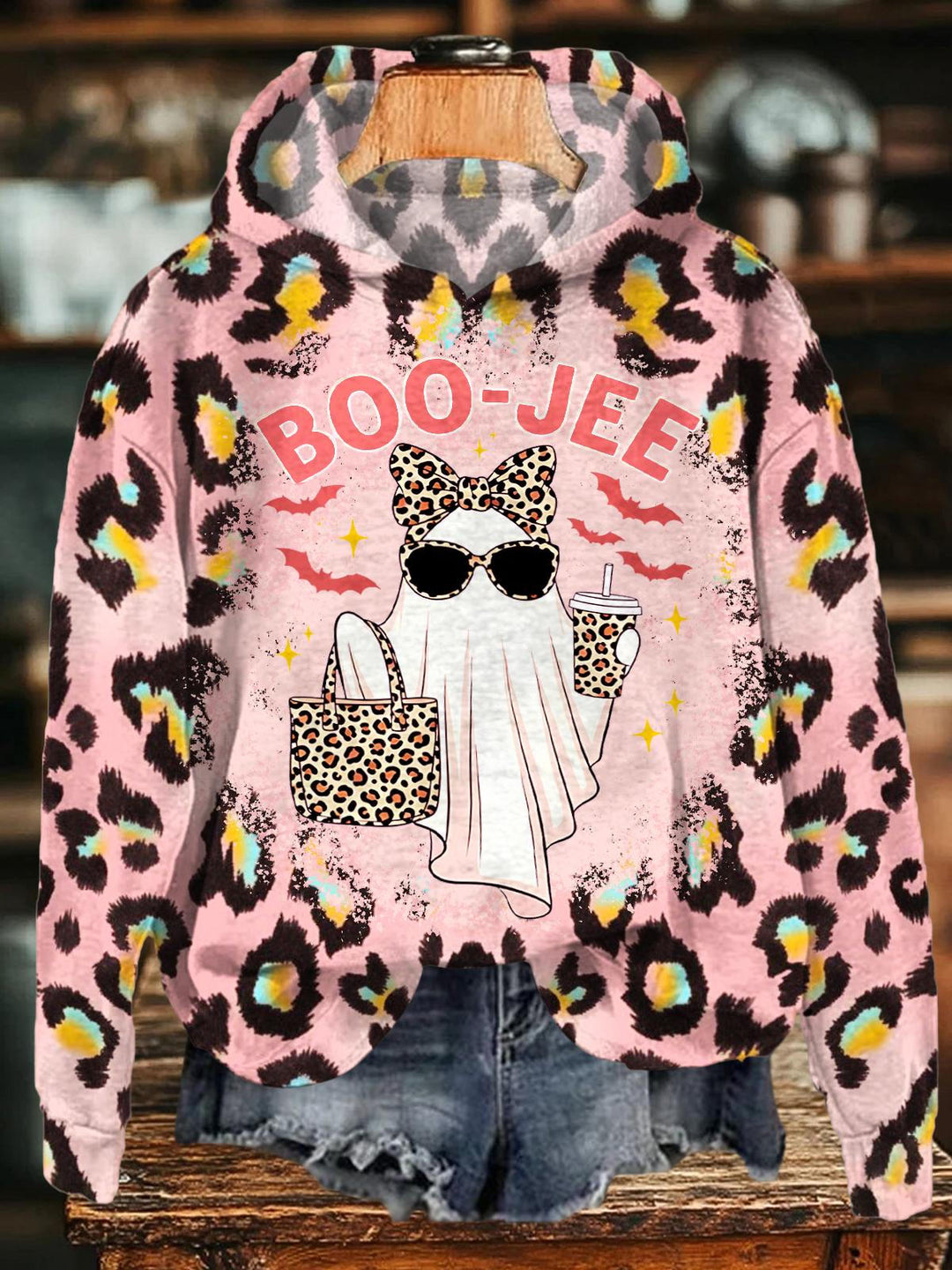 Halloween Leopard Ghost Print Long Sleeve Printed Hoodie