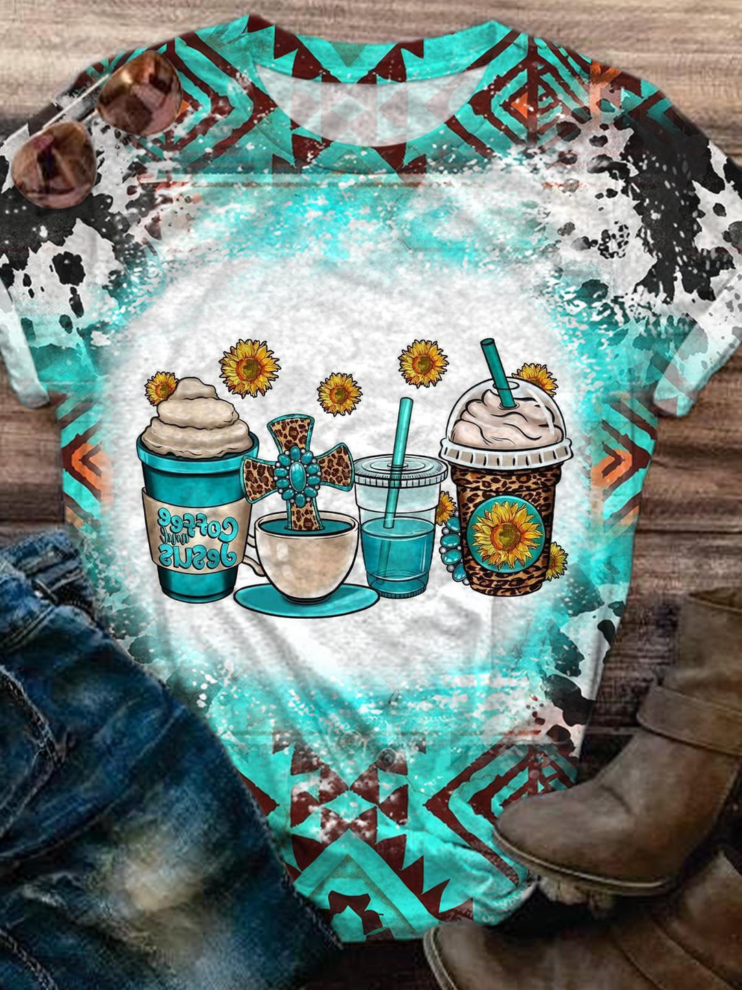 Sunflower Turquoise Coffee Drinks Tie Dye T-shirt