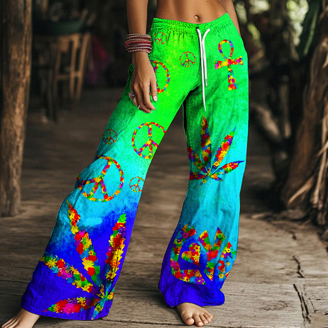 Women's Hippie Art Drawstring Wide-Leg Pants