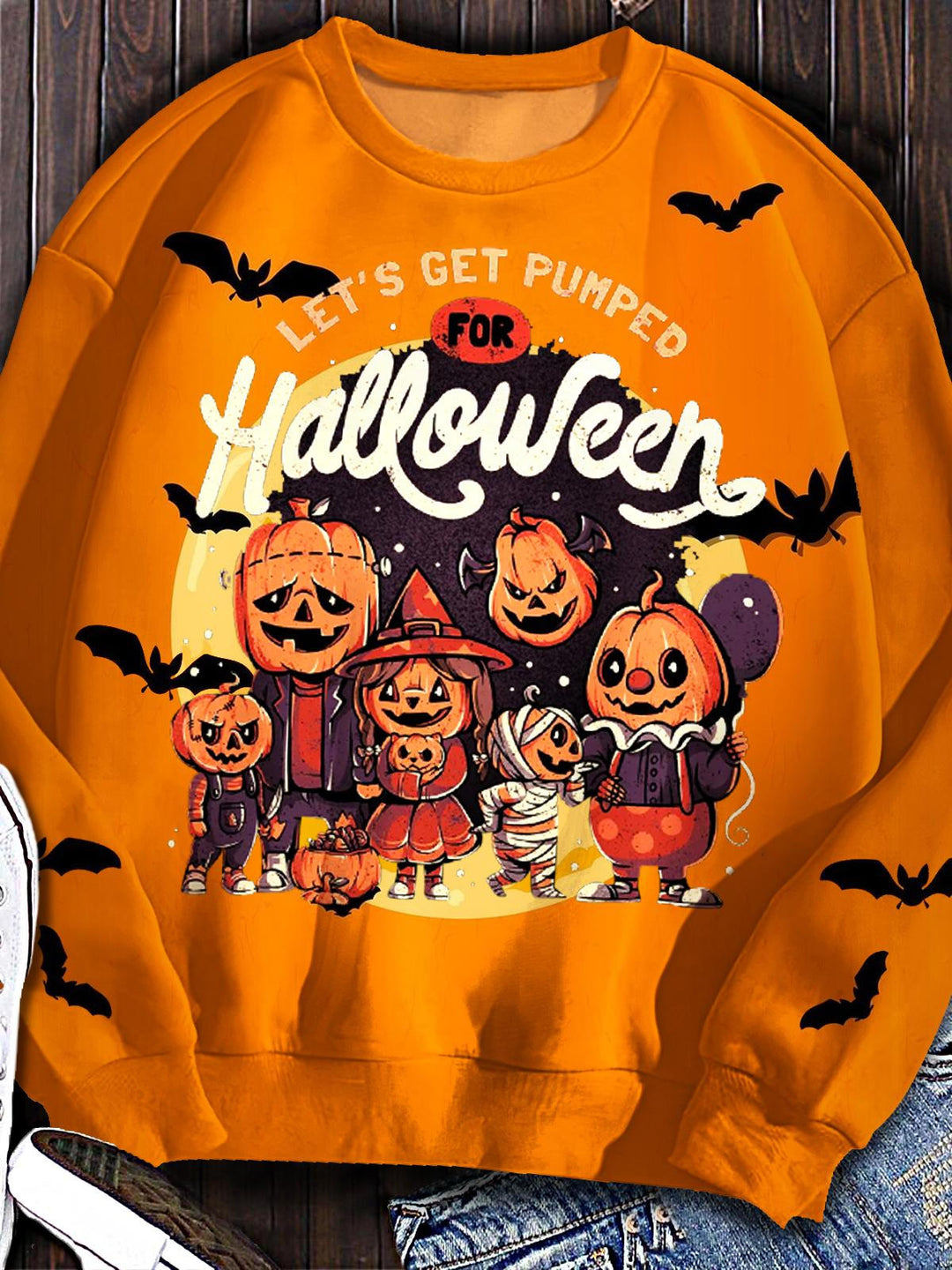 Halloween Pumpkin Bat Print Long Sleeve Casual Top