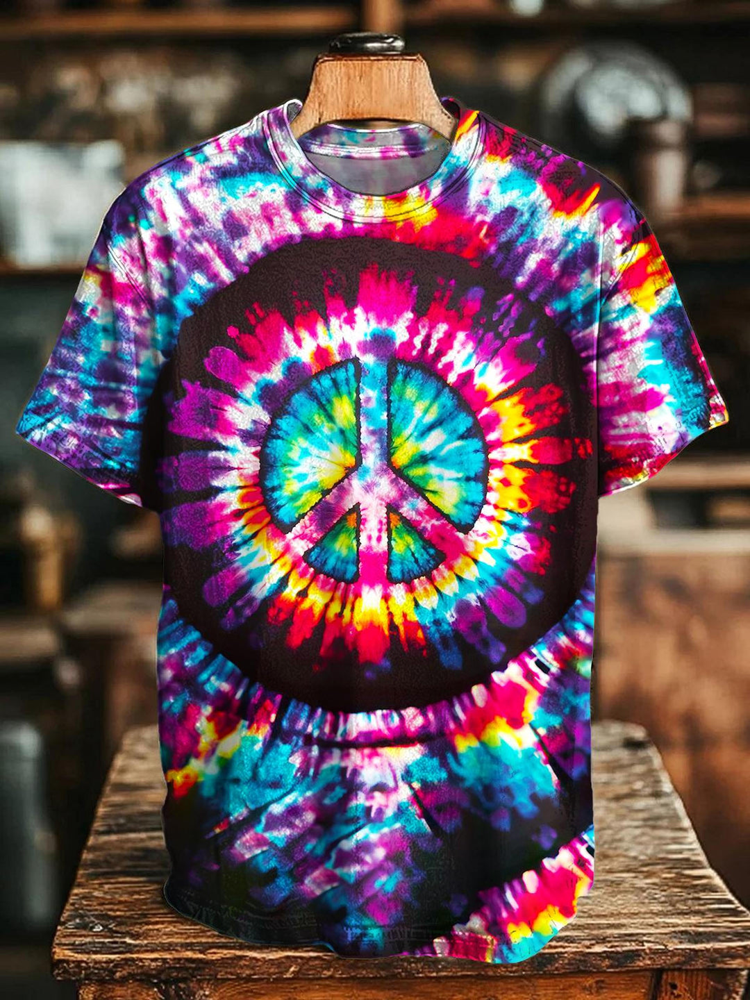 Vintage Love And Peace Hippie Print Crew Neck T-shirt