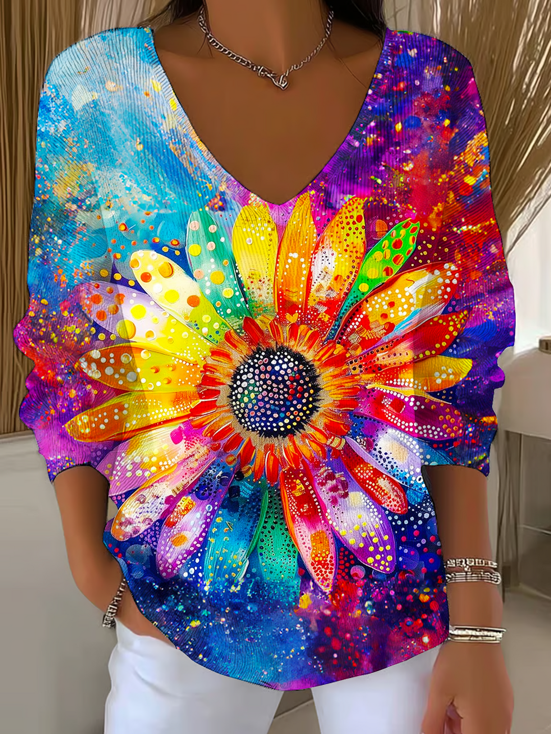 Colorful Hippie Sunflowers Casual V Neck Pullover Sweater