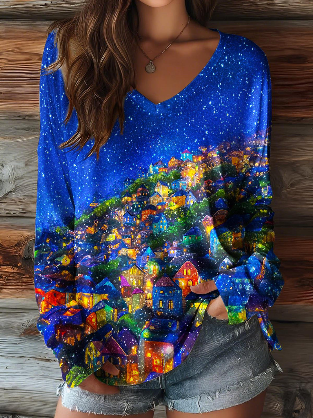 Christmas Eve Print V-neck Long Sleeve Top