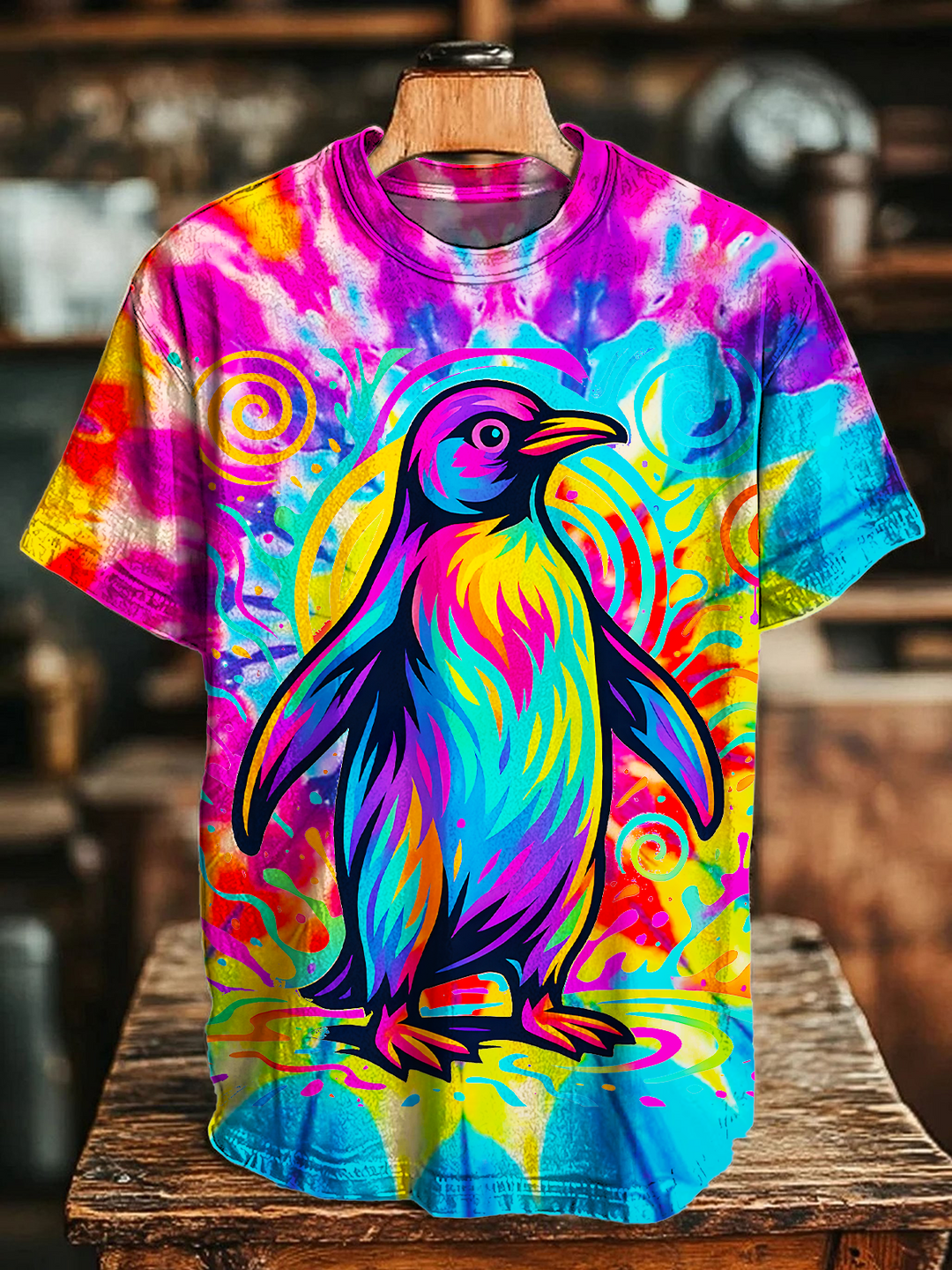 Psychedelic Rainbow Penguin Art Crew Neck T-shirt