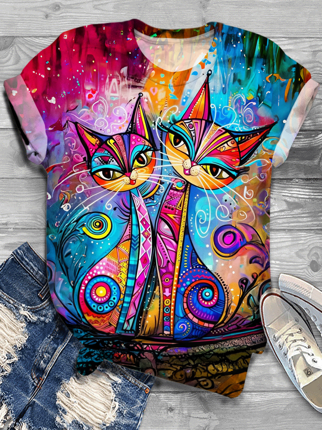 Vintage Boho Cat Art Crew Neck T-shirt
