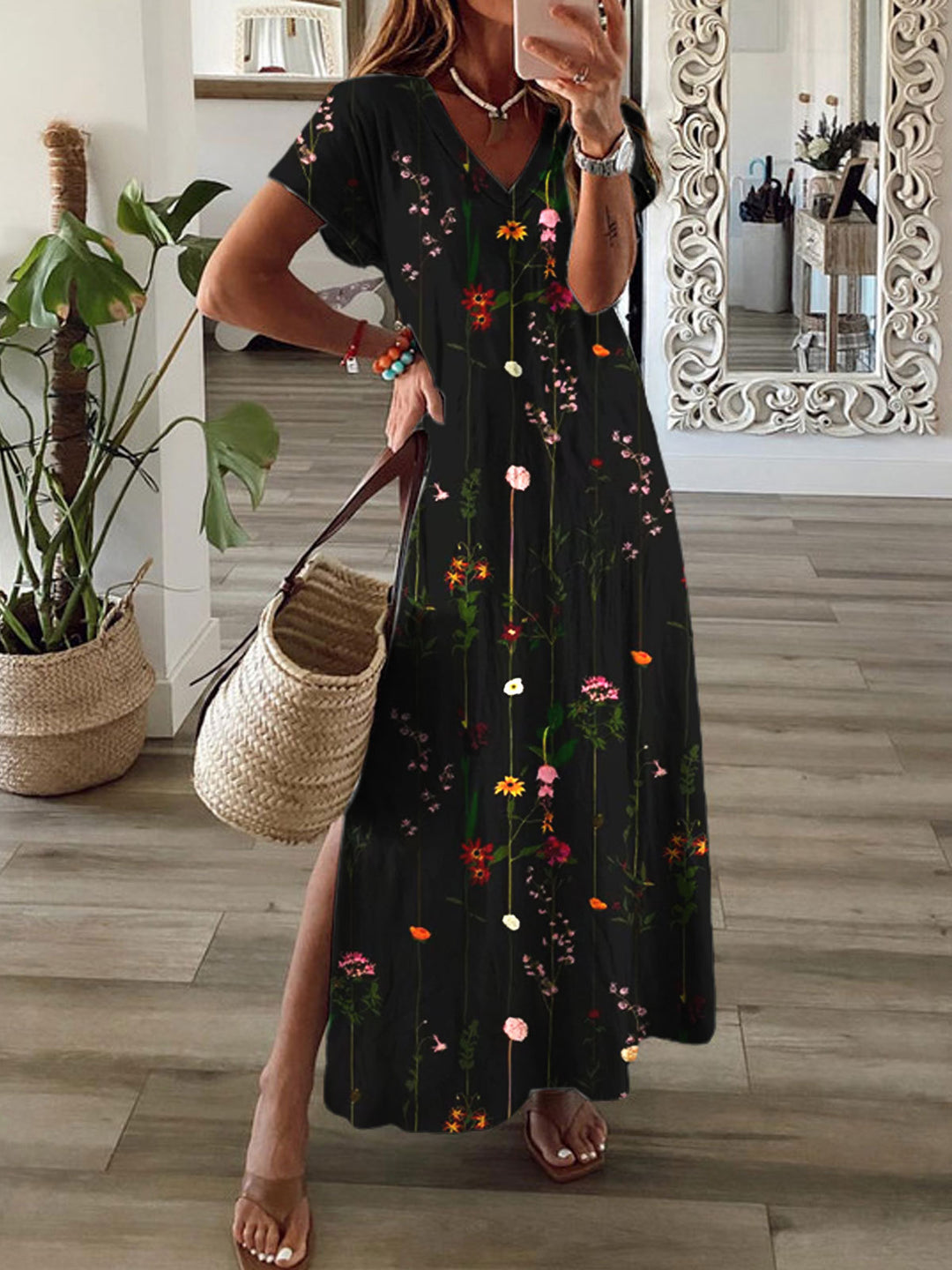 Floral Print V-Neck Short Sleeve Dress