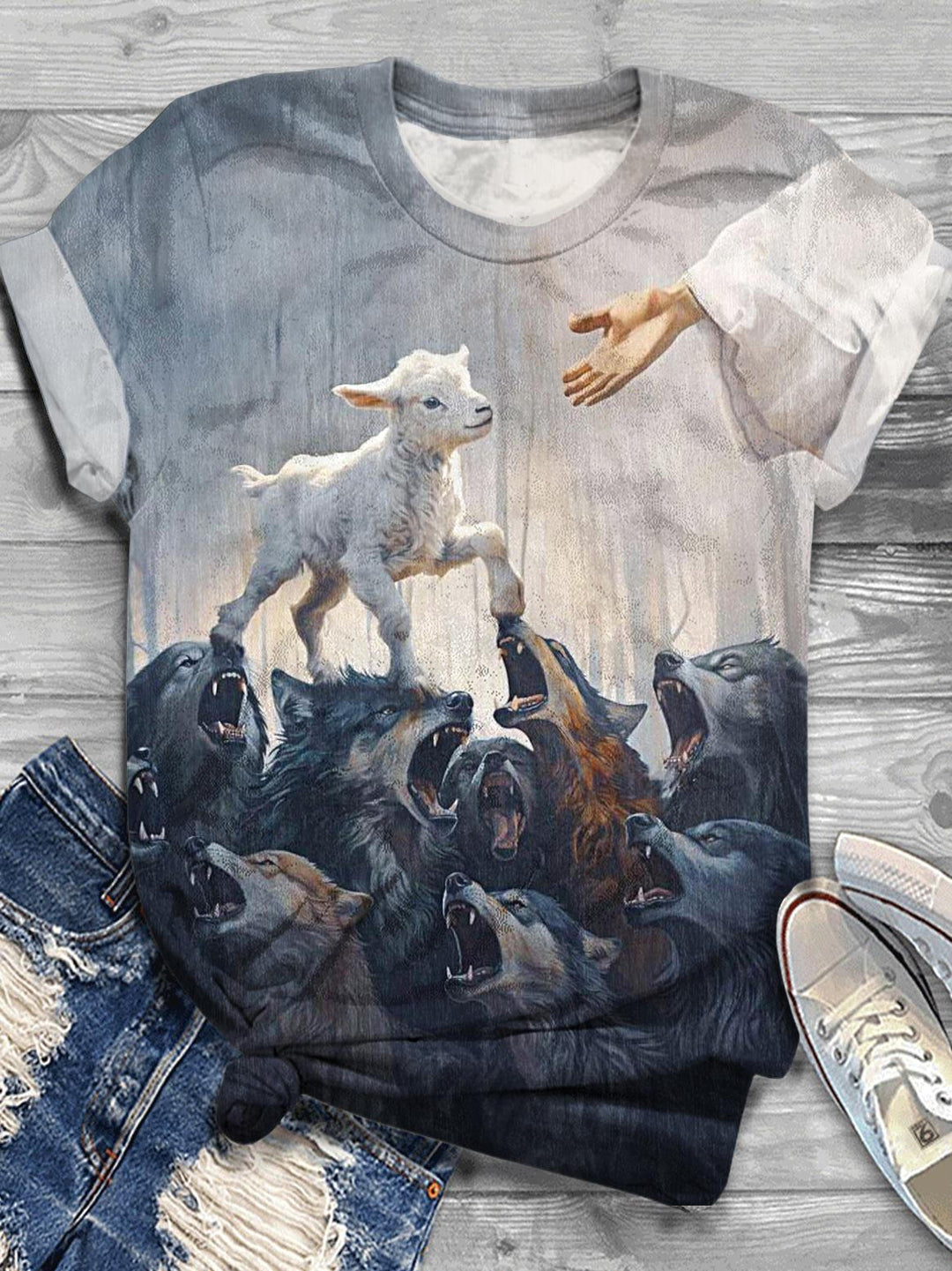 Jesus Sheep Wolves Print Crew Neck T-shirt