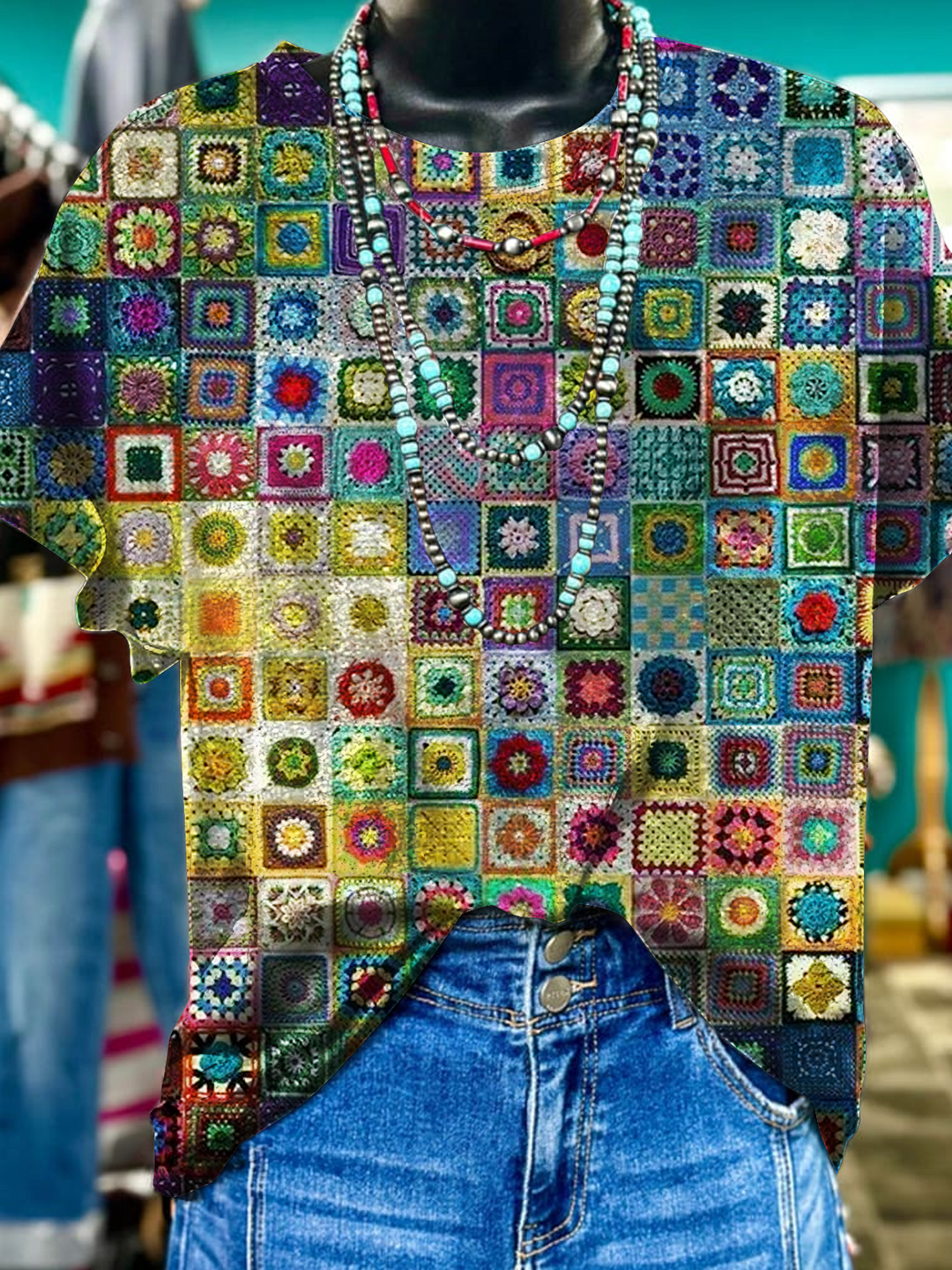 Retro Geometric Collage Art Crew Neck T-shirt