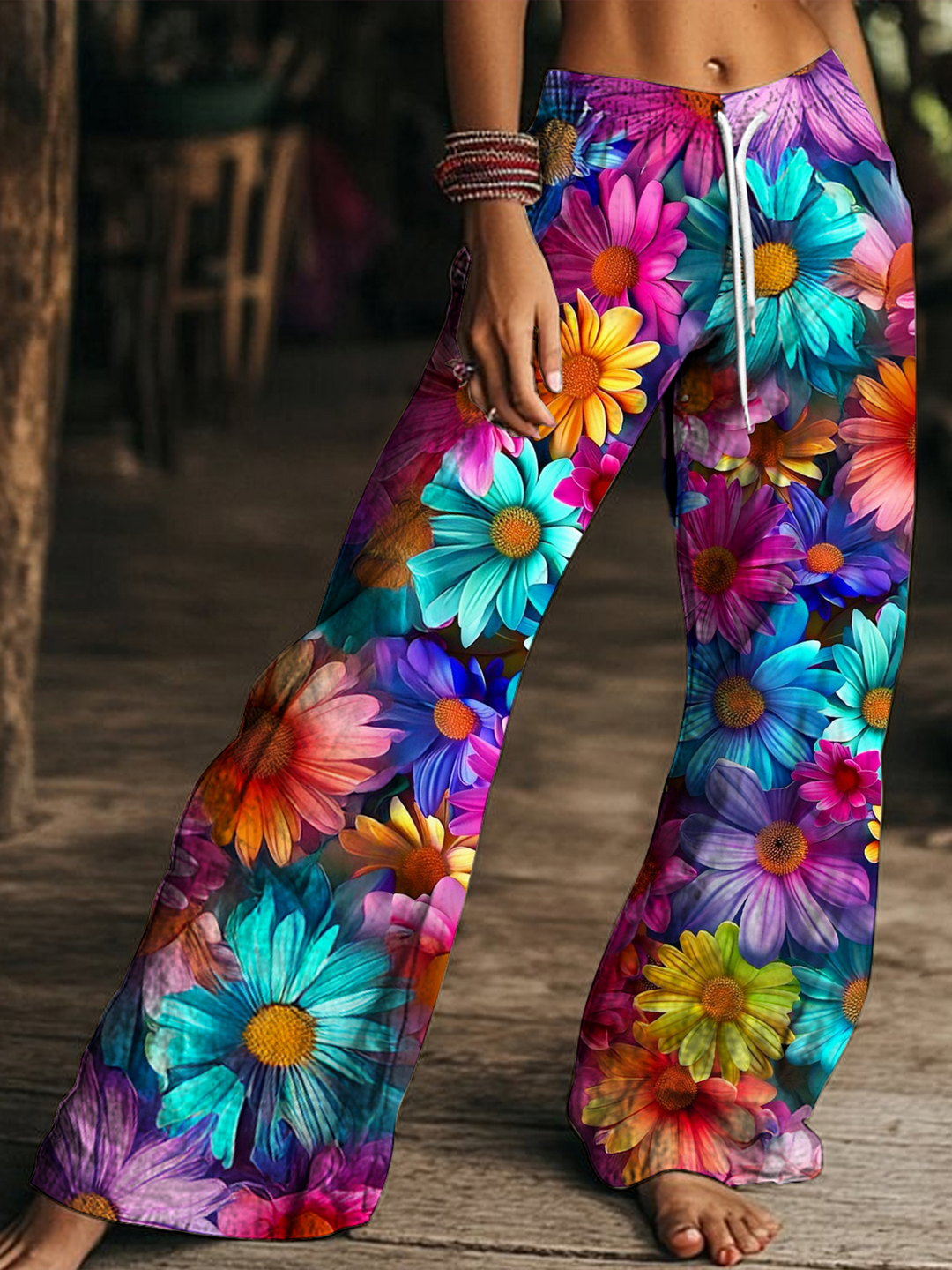 Colorful Hippie Flower Art Women's Drawstring Wide-Leg Pants