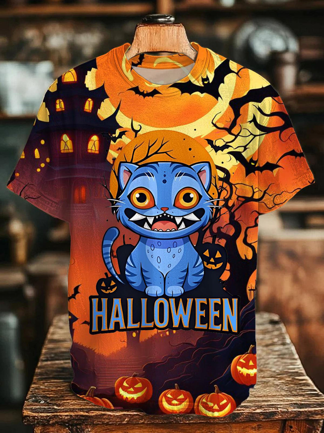 Halloween Demon Cat Derpy Crew Neck T-shirt